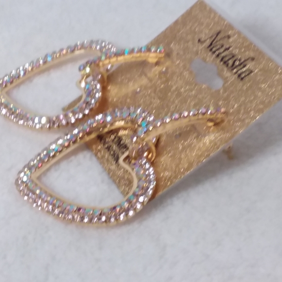 Dangle Heart Pierce Earrings Gold Tone Pink Borealis Rhinestones Natasha - Picture 3 of 5